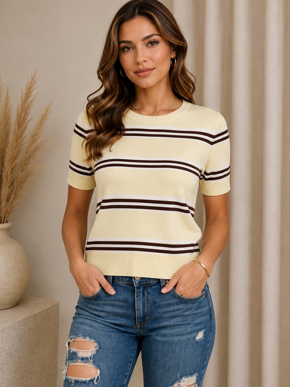 Cielo Pale Yellow Short-Sleeve Striped Knit Top
